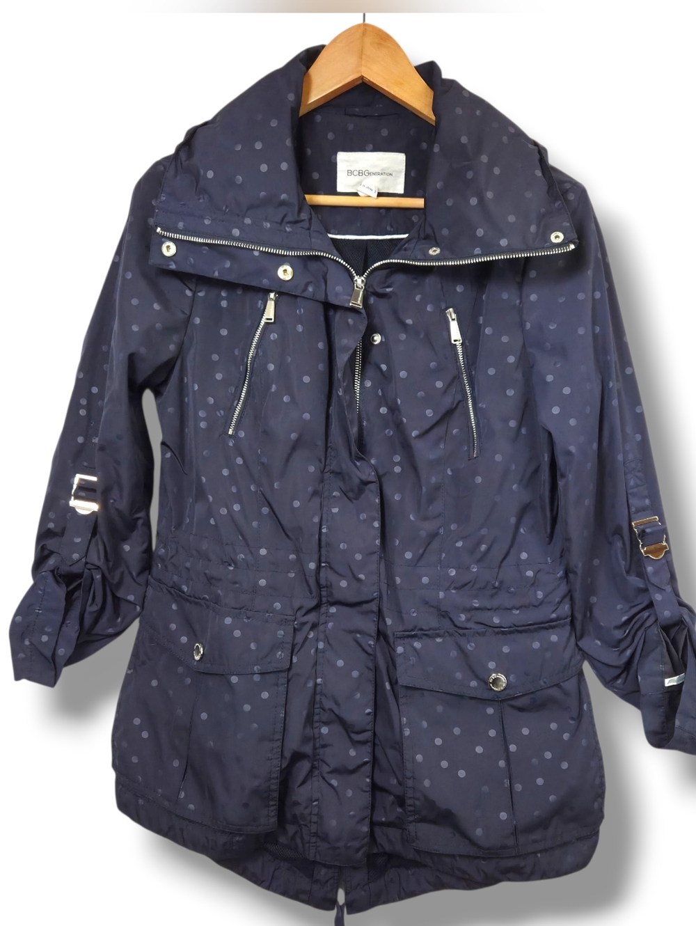 BCBGeneration Navy Dot-Print Anorak with Silver Hardware Size Medium